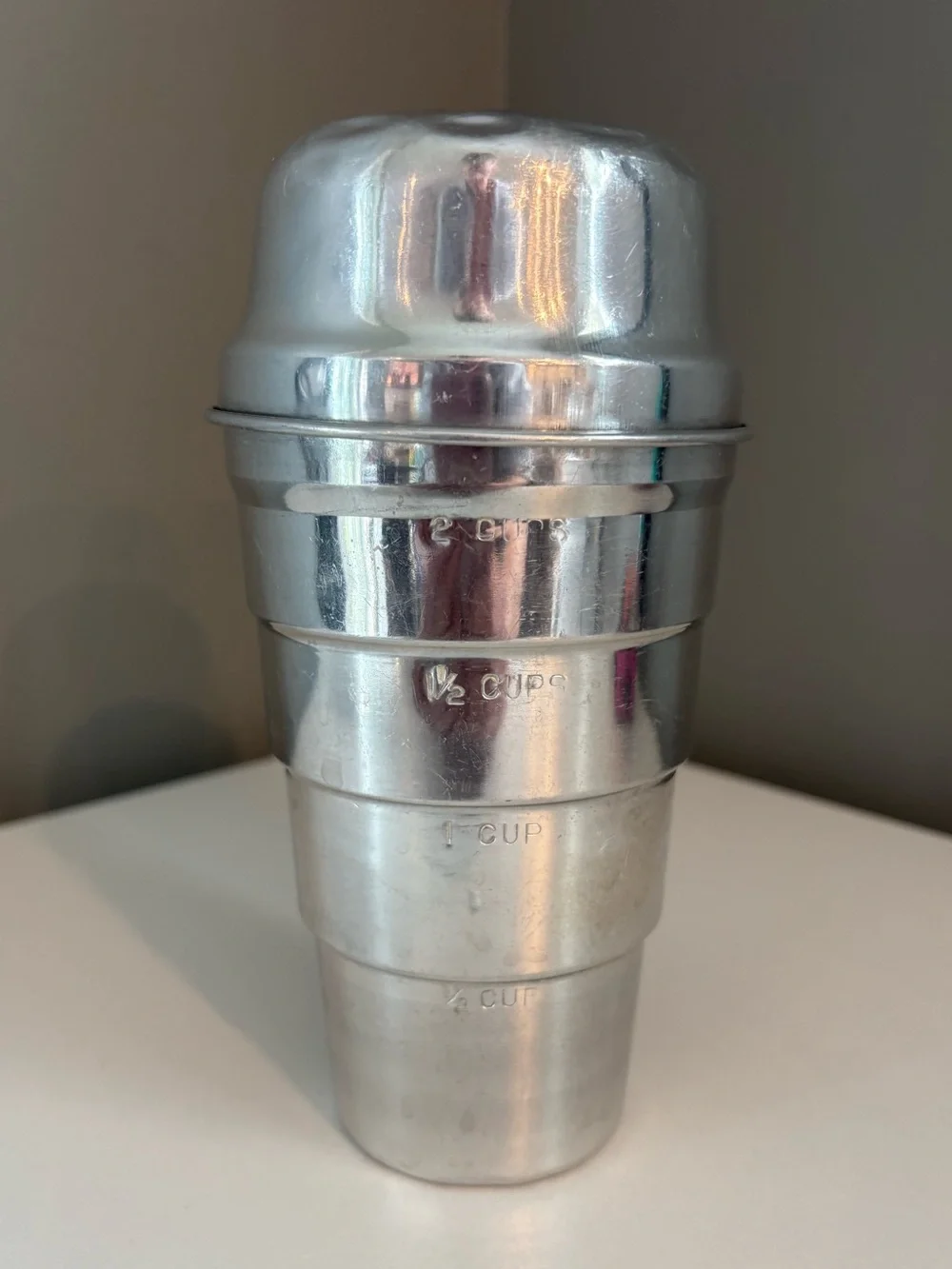 Vintage Aluminum Stacked Tiered Measuring 2 Cup Cocktail Mixer Shaker with Top